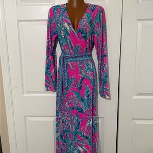 Lilly Pulitzer Hot Pink & Teal Tropical Wrap Maxi Dress